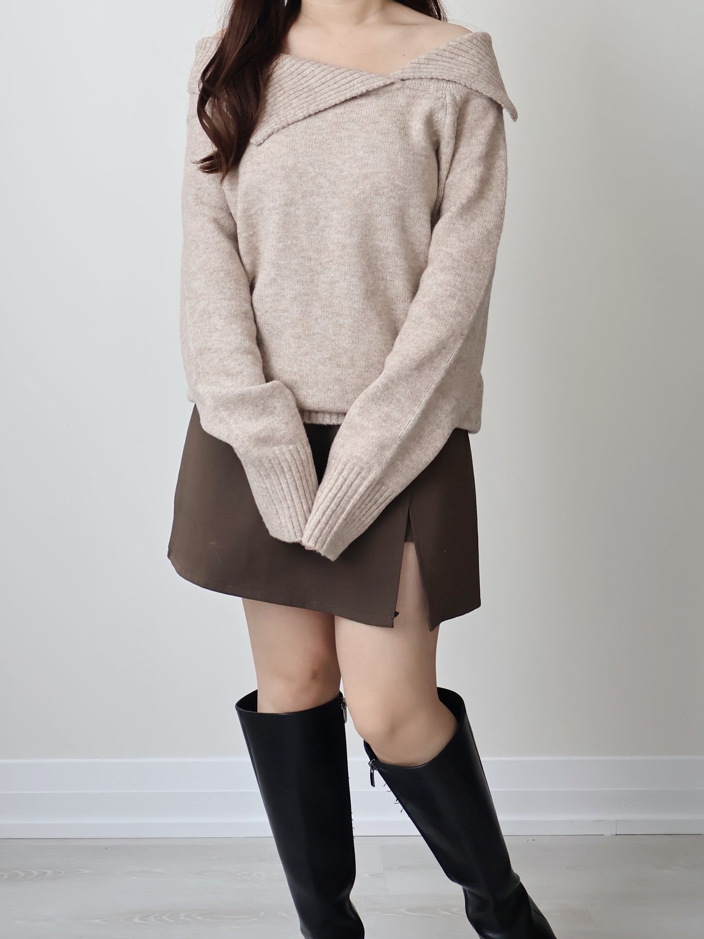 [2-WAYS] Elegant Off-shoulder Sweater(Oatmeal)