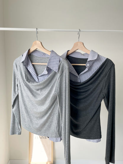 Layered Shirt-Collar Top(Charcoal)