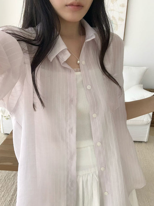 Dreamy Subtle Striped Loose-Fit Cover-Up Shirt(3 Colors)