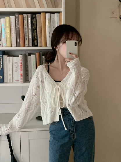 V-Neck Pointelle Tie-Front Knit Cardigan(5 colors)