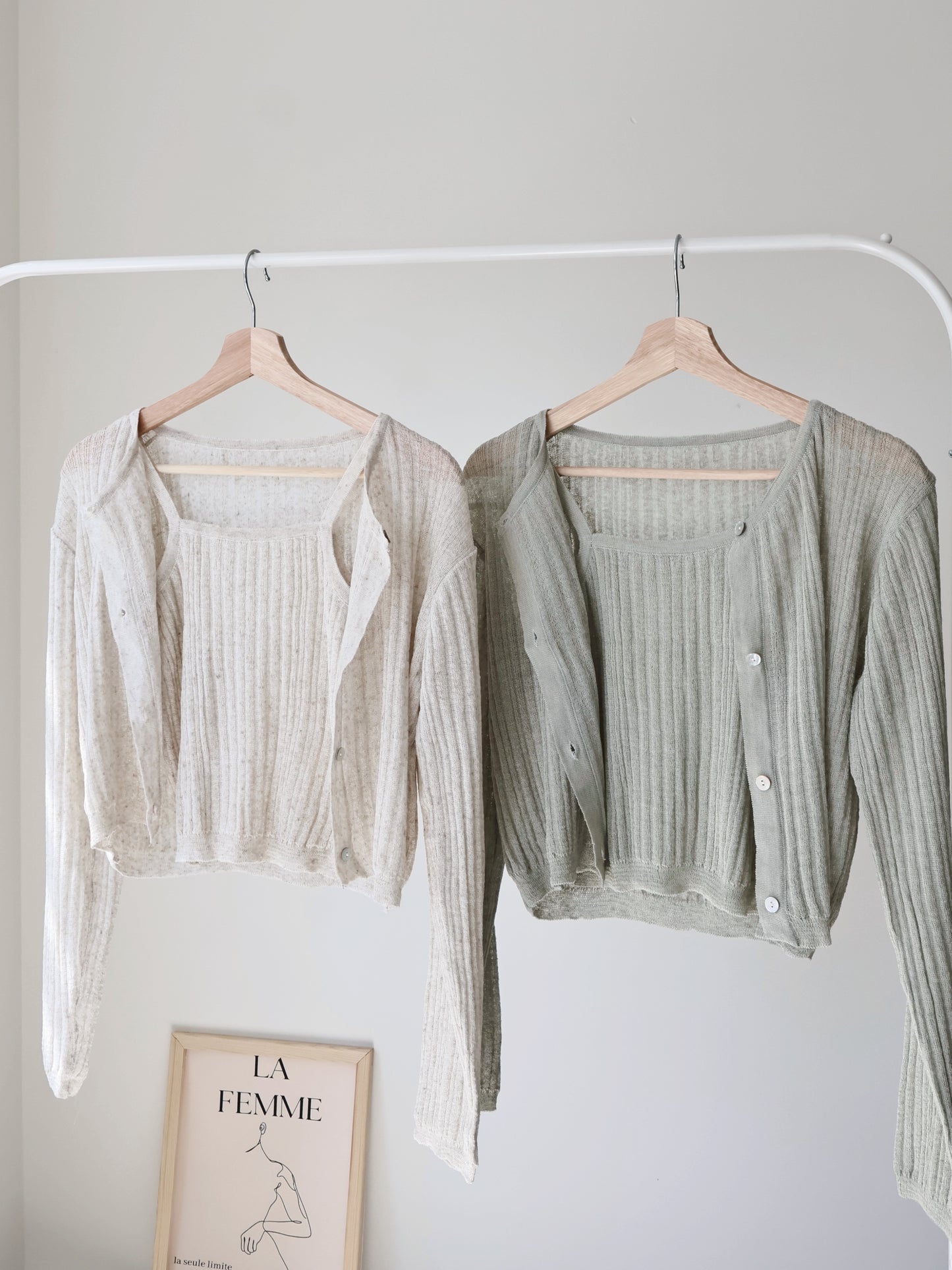 Breezy Cooling Linen Cami + Shell Button Cardigan Set(Matcha)