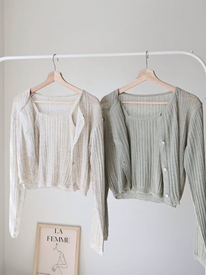 Breezy Cooling Linen Cami + Shell Button Cardigan Set(Matcha)