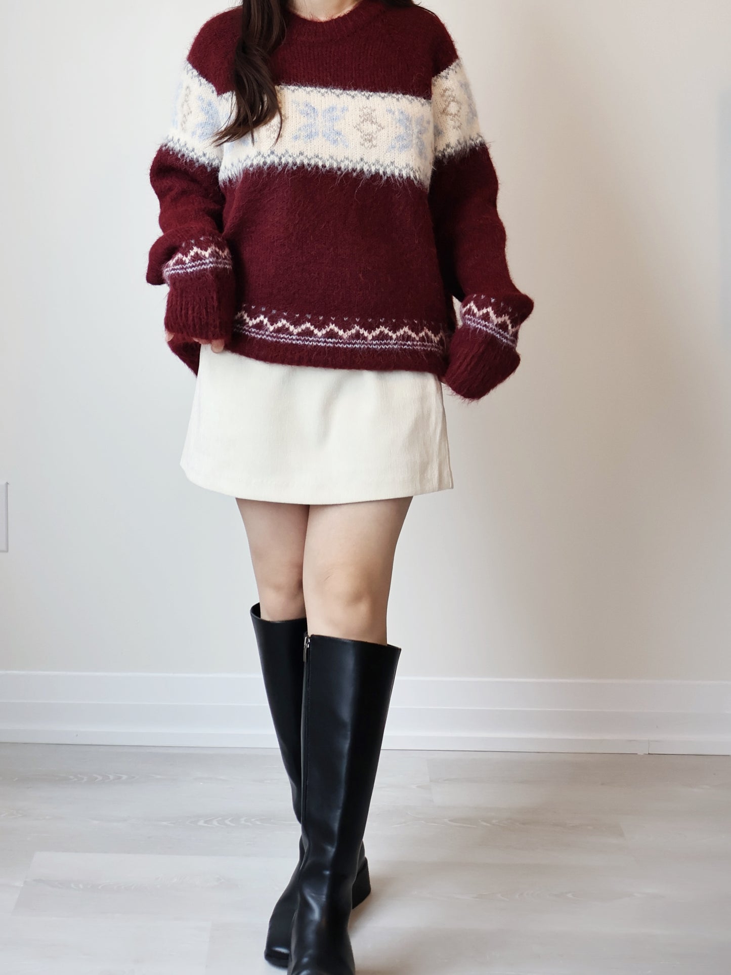 [10% WOOL] Snowflake Oversized Sweater(Burgundy)