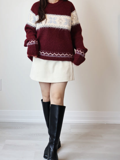 [10% WOOL] Snowflake Oversized Sweater(Burgundy)