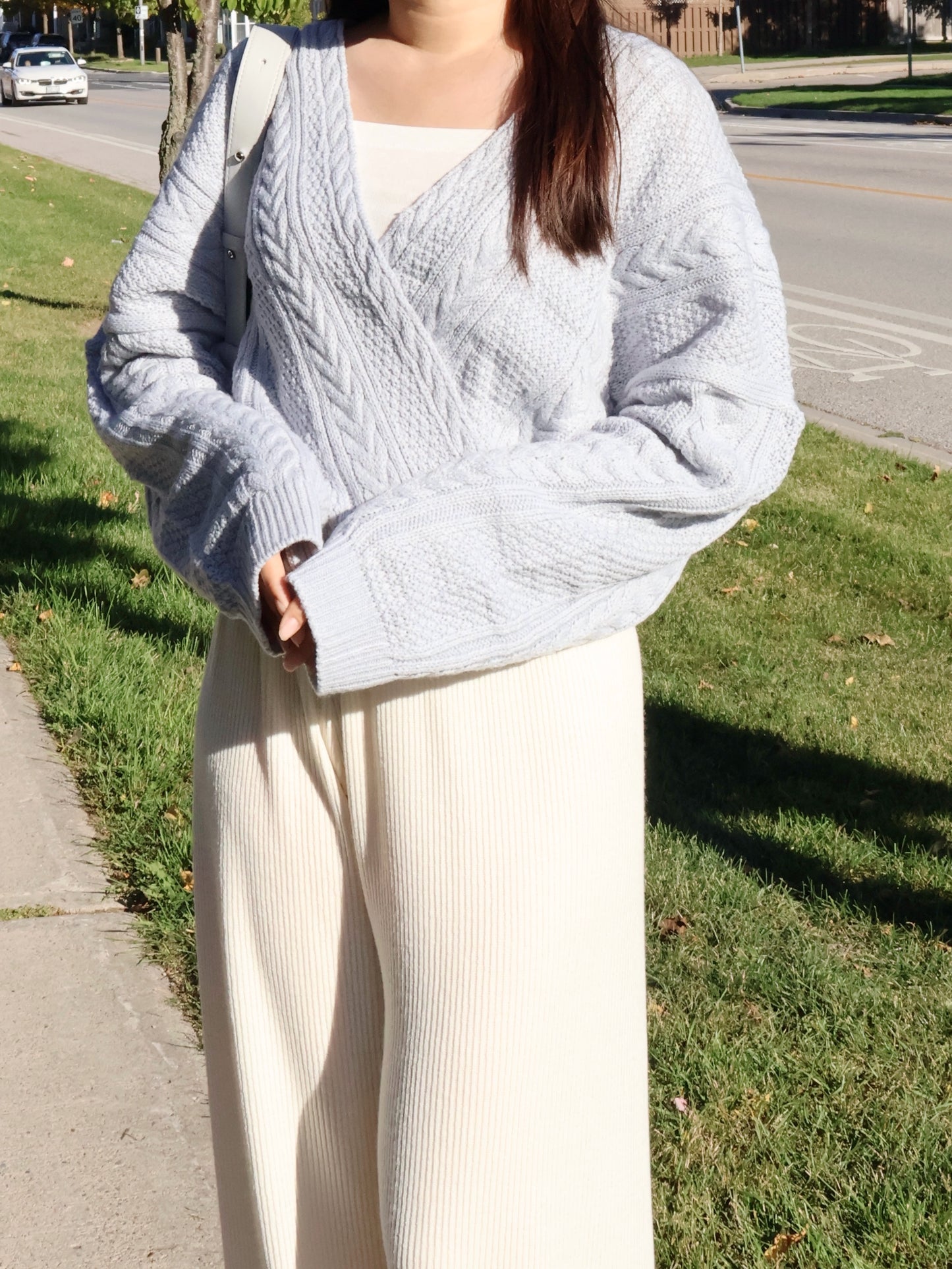 [2-WAYS] Elsa Cable Knit Oversized Cardigan(Grayish Blue)