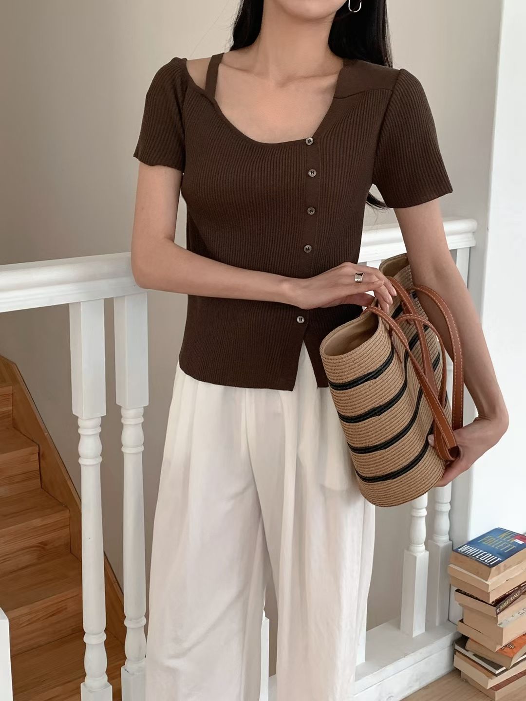 Asymmetric Button-Front One-Shoulder Knit Top(4 Colors)