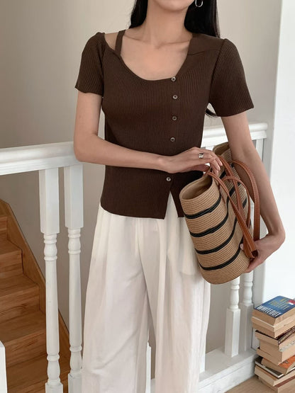 Asymmetric Button-Front One-Shoulder Knit Top(4 Colors)
