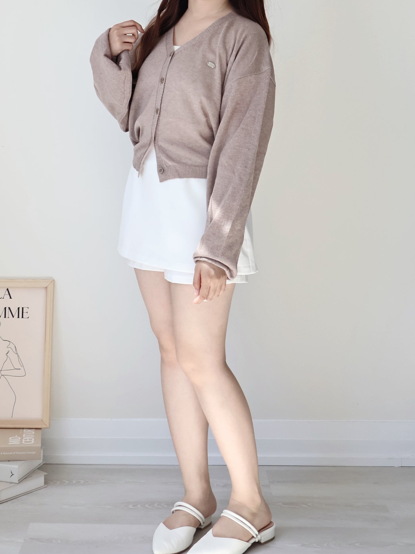 Airy Mélange Linen-Blend Pendant Cardigan(Mocha)