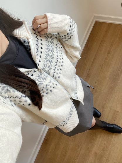 [2-WAYS] Nordic Style Snowflake Knit Zipper Jacket