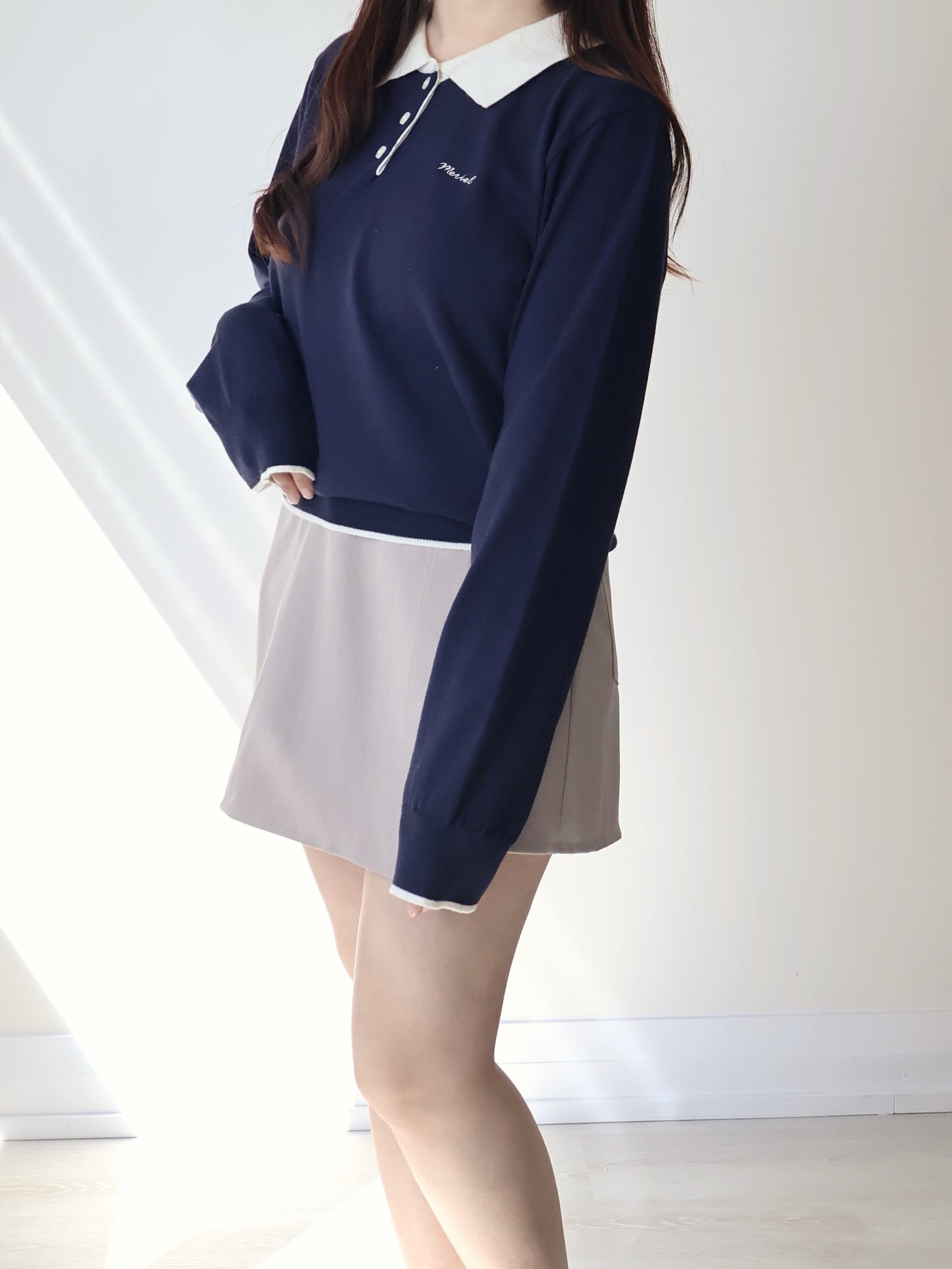 Teddy Collar Colour-Block Embroidered Soft Sweater(Navy)