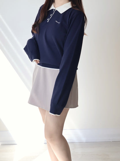 Teddy Collar Colour-Block Embroidered Soft Sweater(Navy)