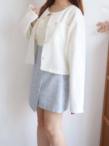 Elegant Bow-Embossed Button Tweed Jacket(3 colors)