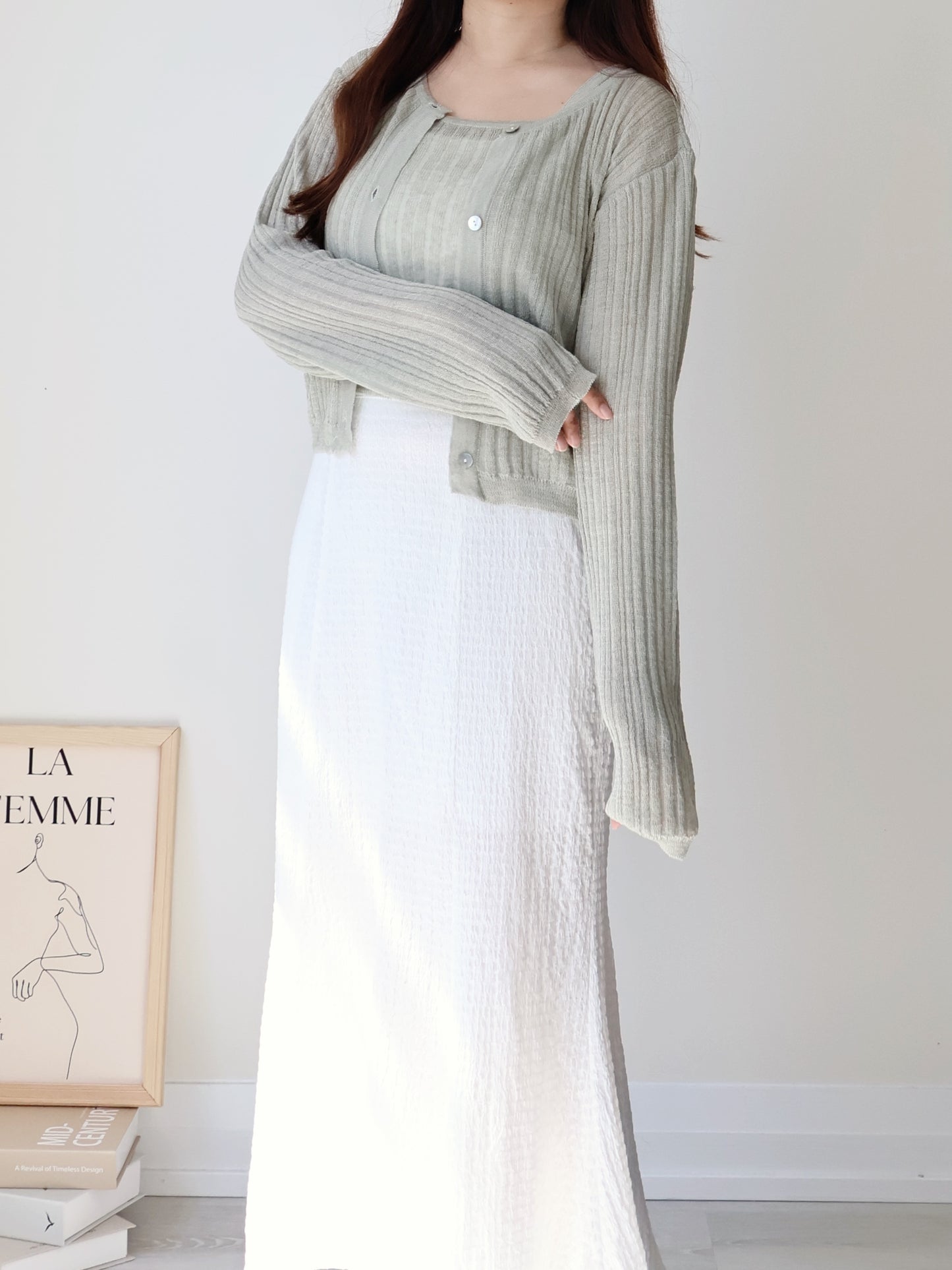 Breezy Cooling Linen Cami + Shell Button Cardigan Set(Matcha)