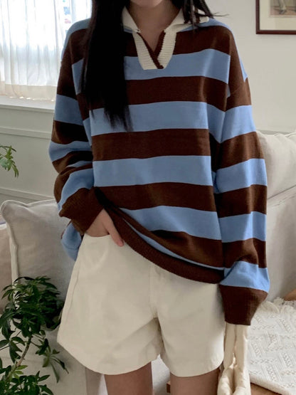 Rugby Stripe Oversized Collar Knit Sweater(4 colors)