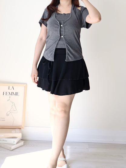 Flowy Flex-Waist Tiered A-Line Mini Skirt(Black)