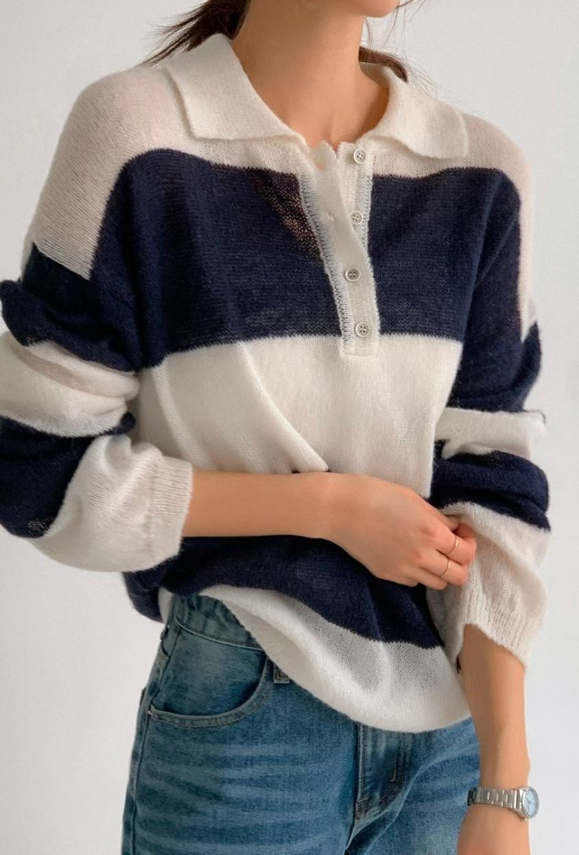 [20% Wool] Preppy Stripe Polo Sweater(5 colors)