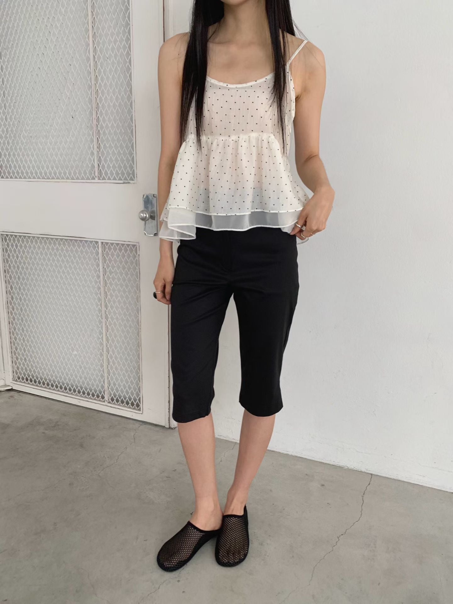 French Polka Dot Sheer Panel Tencel Cami Top(2 colors)