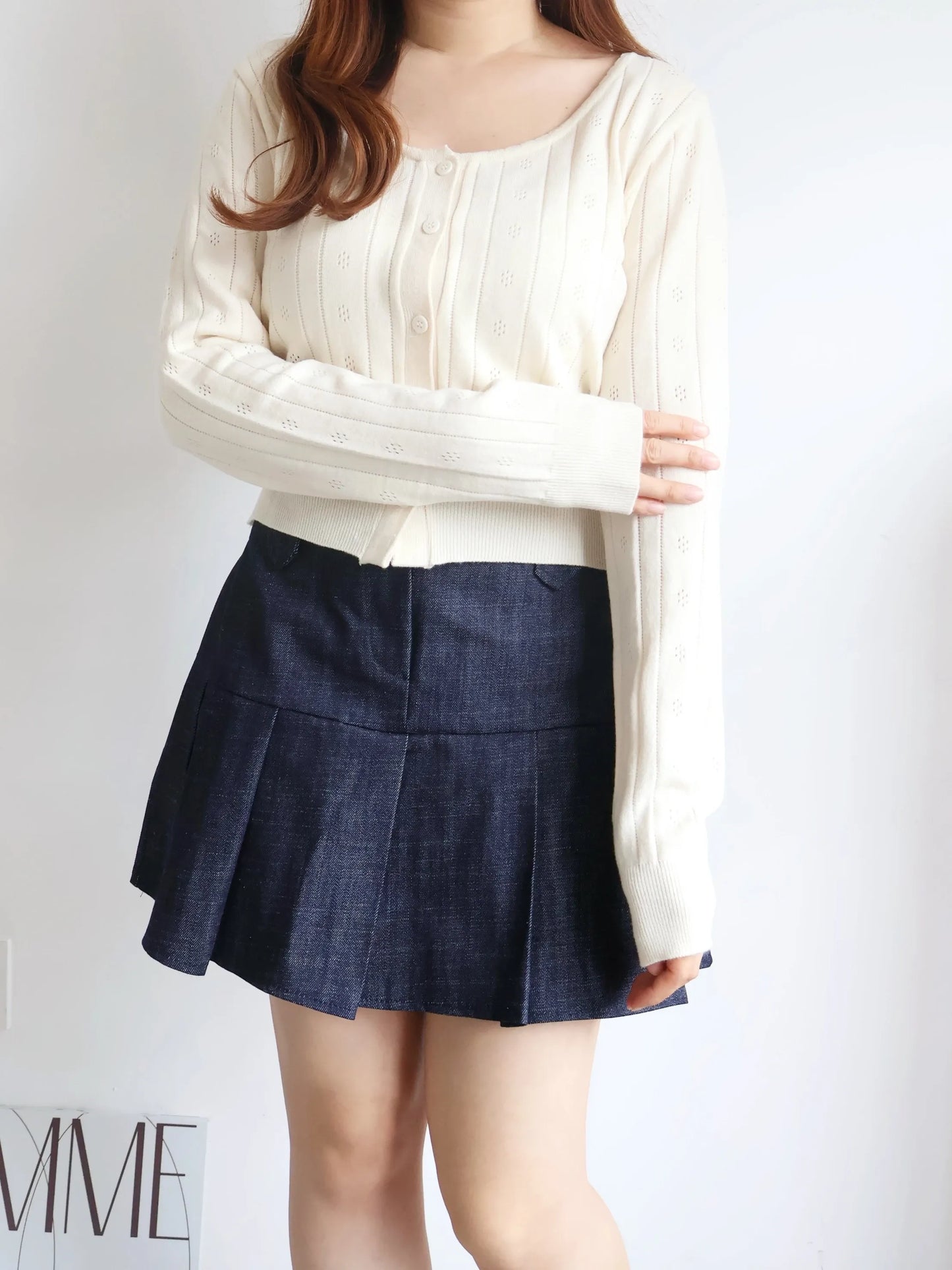 Soft Lace-Trim Eyelet Knit Cardigan(Cream)