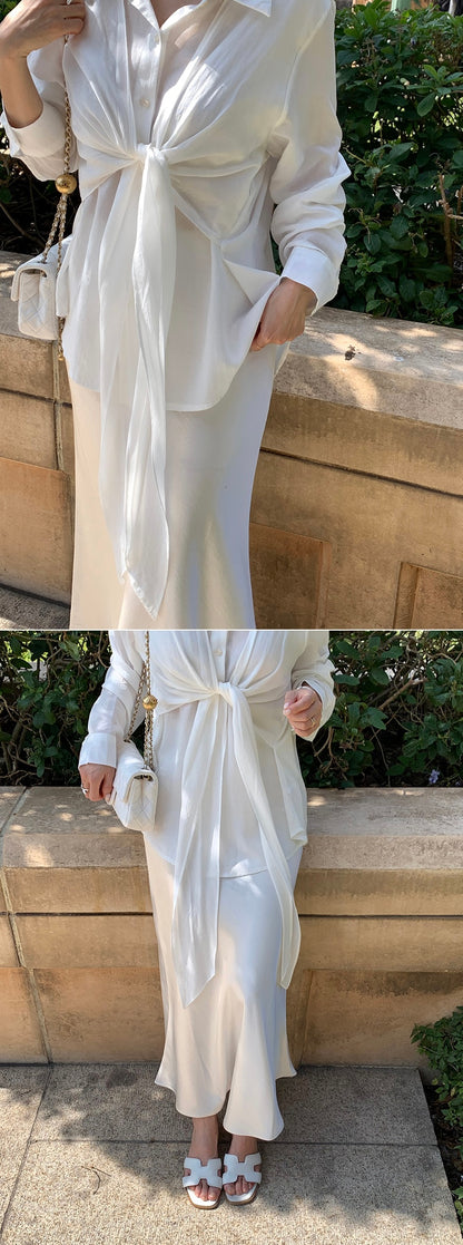 Feminine Silky Satin Banding Flare Maxi Skirt(2 colors)