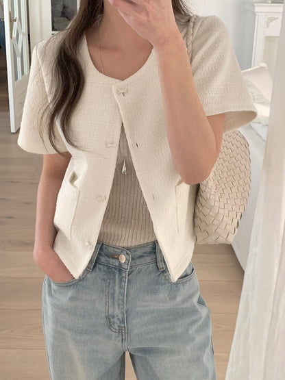 Chic Bow Button Tweed Jacket(3 Colors)