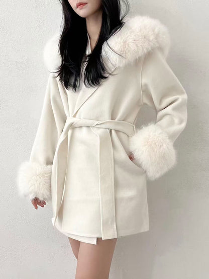 ［40% WOOL］Cozy Faux Fur Collar Warm Coat