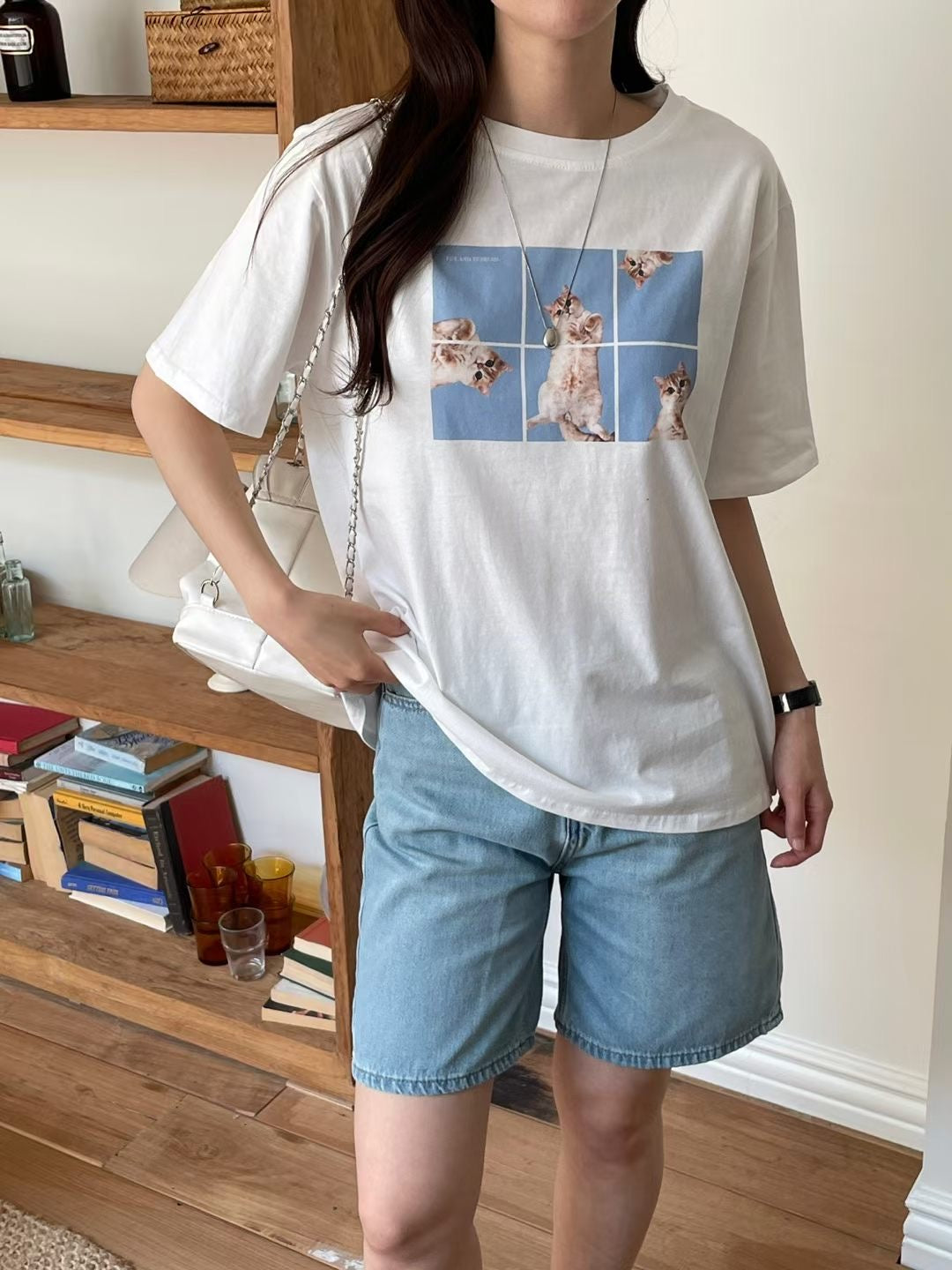 Oversized Cats Graphic Cotton T-Shirt(3 Colors)