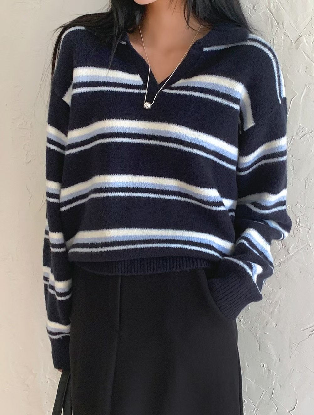 Lapel Striped Sweater(3 colors)