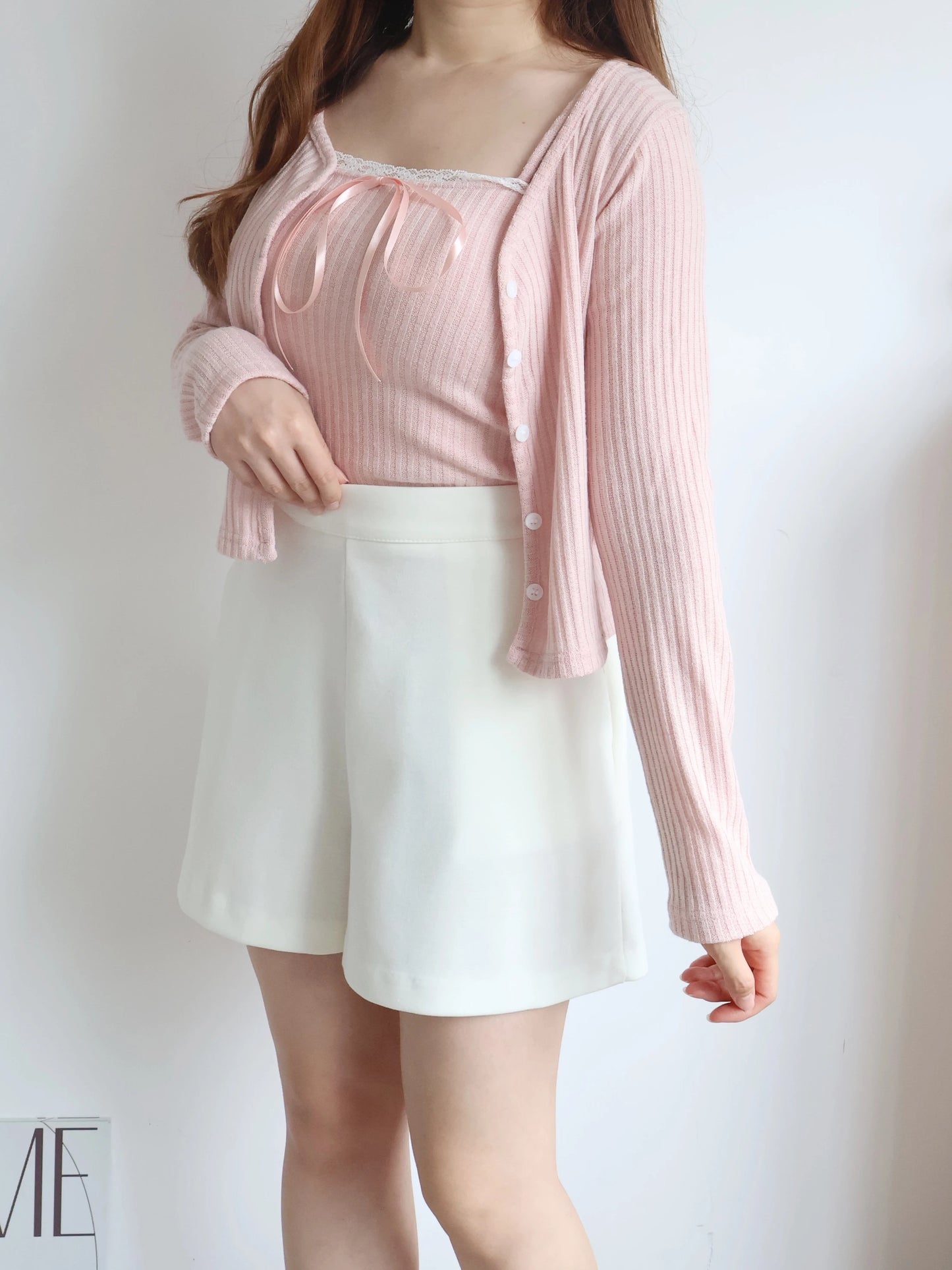 [2-Piece Set] Romantic Balletcore Lace Cami & Cardigan Set(Pink)