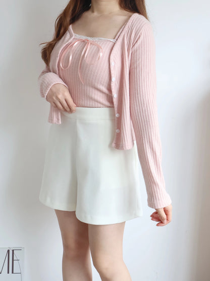[2-Piece Set] Romantic Balletcore Lace Cami & Cardigan Set(Pink)