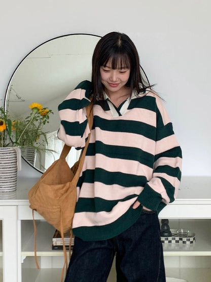 Rugby Stripe Oversized Collar Knit Sweater(4 colors)