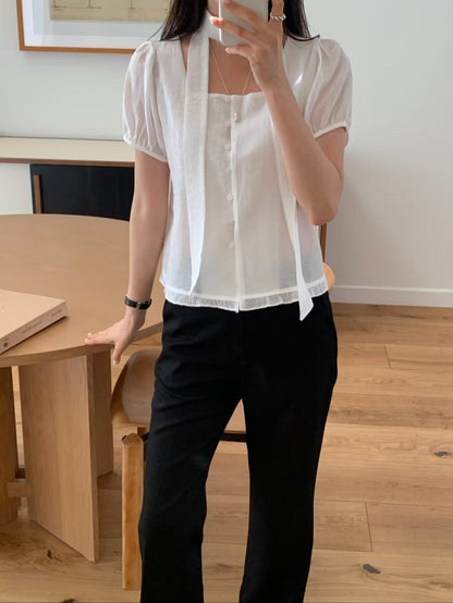 Romantic Square-Neck Buttoned Tencel Blouse(4 Colors)