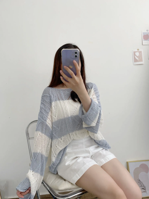 Soft Cable-Knit Colour-Block Top(Skyblue)