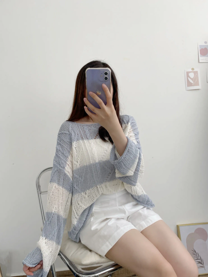 Soft Cable-Knit Colour-Block Top(Skyblue)