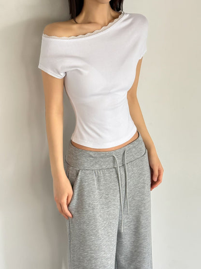 Lace One-Shoulder Cotton Top(4 Colors)
