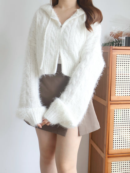 Festive Fluffy Zip Hooded Cardigan(Ivory)