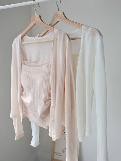 Romantic Sheer Trim Bra Top + Airy Tencel Cardigan(Peach)