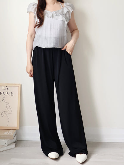 [Wrinkle-Free] Cooling Flowy Dual-Pocket Wide-Leg Pants(Black)