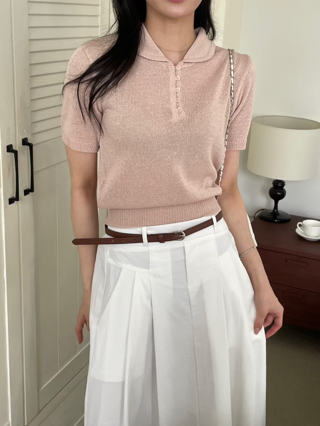 Sophisticated Collared Buttoned Lightweight Linen Knit Top(4 Colors)