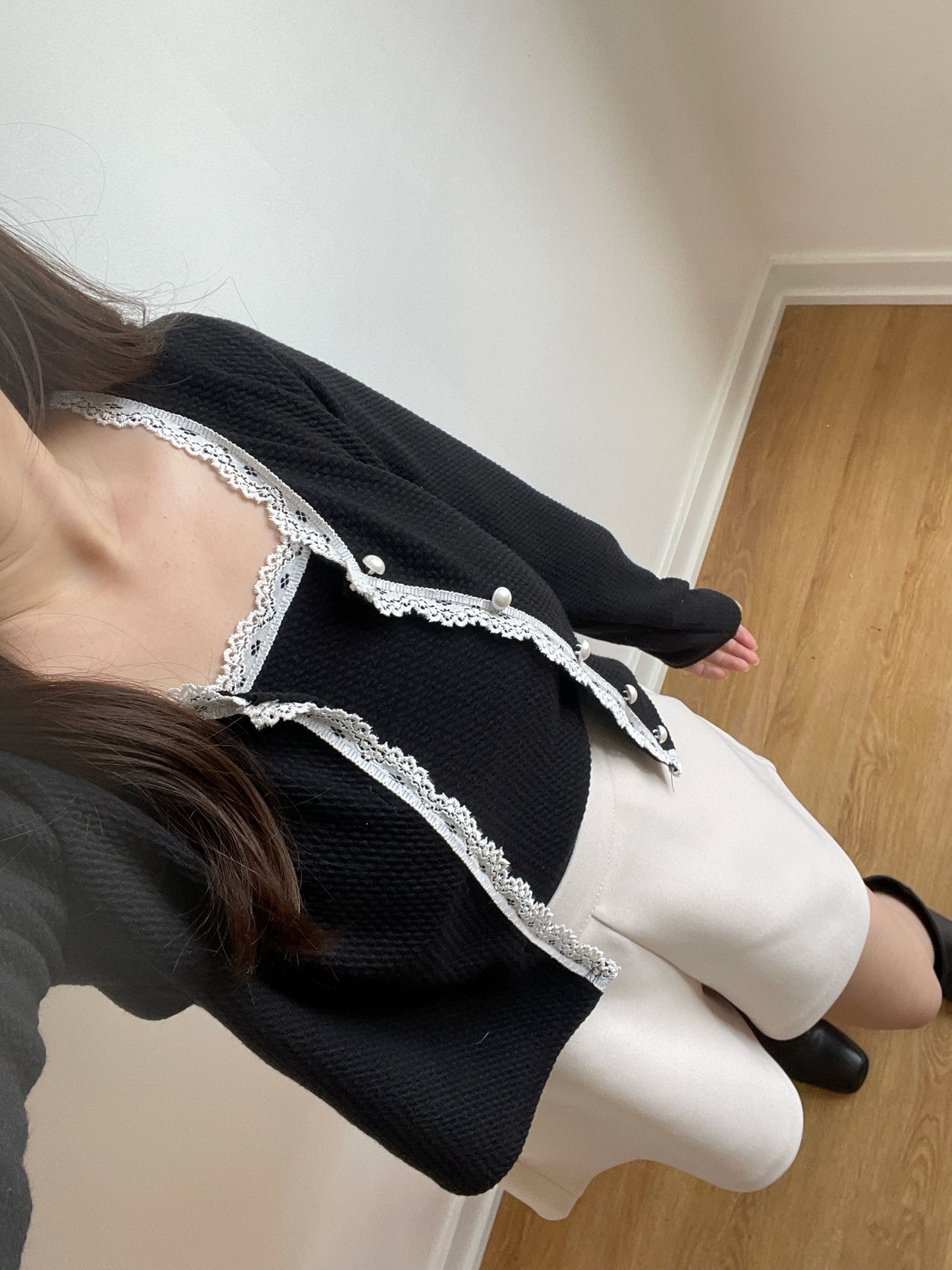 Elegant Pearl Button Lace Trim Two-Piece Set(Black)