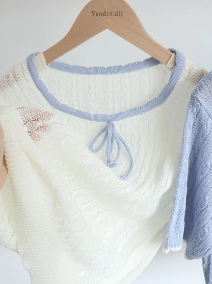 Romantic Square-Neck Contrast-Trim Bow Cable Knit Top(Ivory)