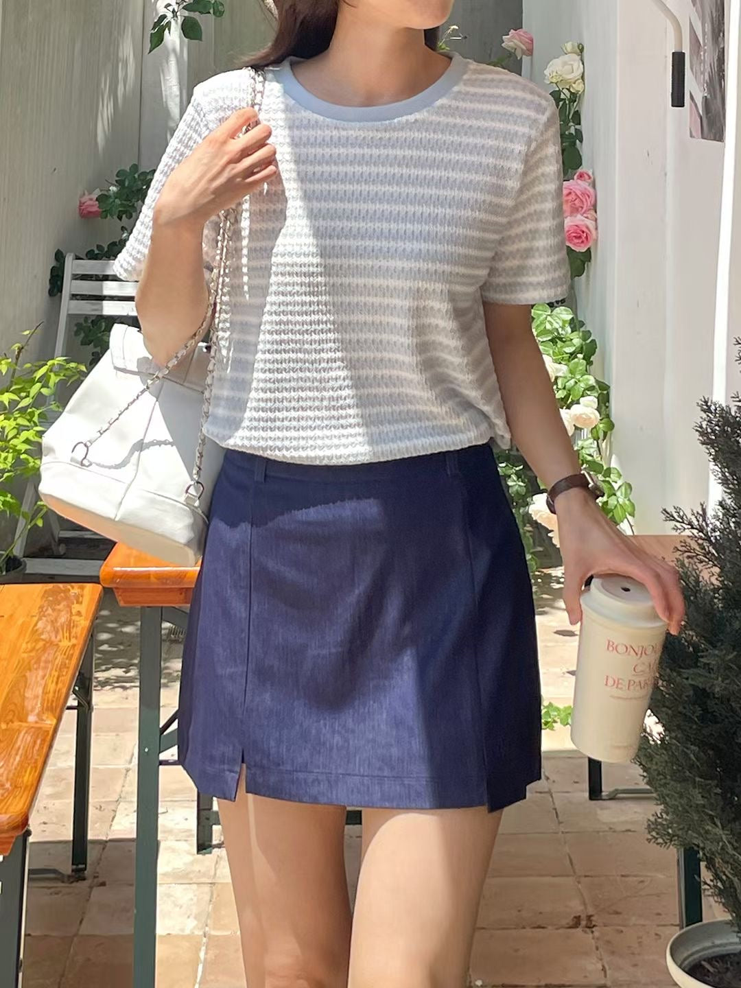 Classy Round Neck Embossed Tweed Tee(3 Colors)