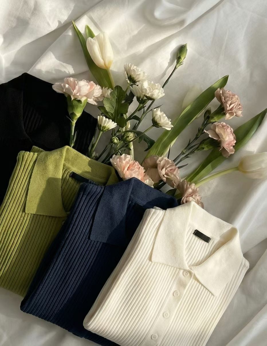 Sophisticated Stretch Polo Rib-Knit Top(4 colors)