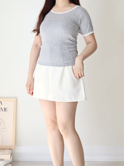 Elegant Slim-Fit Lace Trim Cotton Top(Grey)