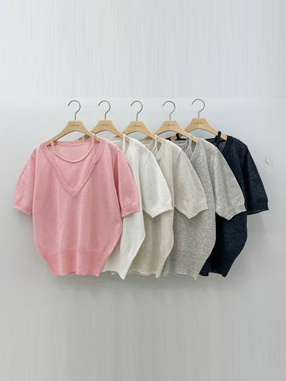 Elegant Faux-Layered Linen Knit Top(5 colors)