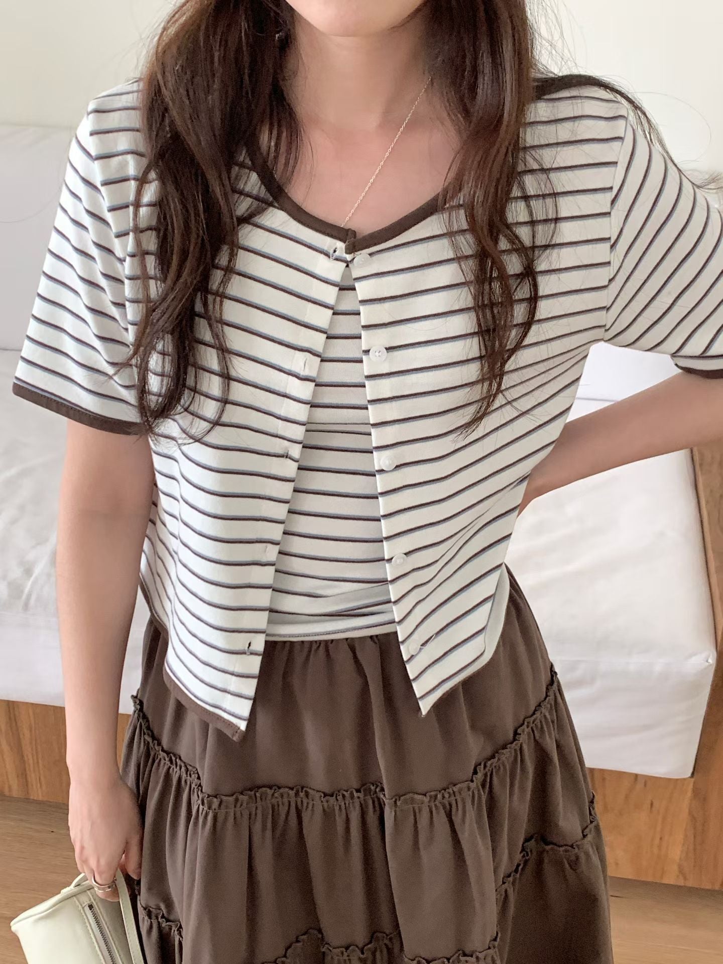 Contrast-Trim Striped Camisole Sets(3 Colors)