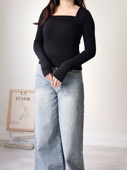 Square-Neck Pleated High-Stretch Top(Black)