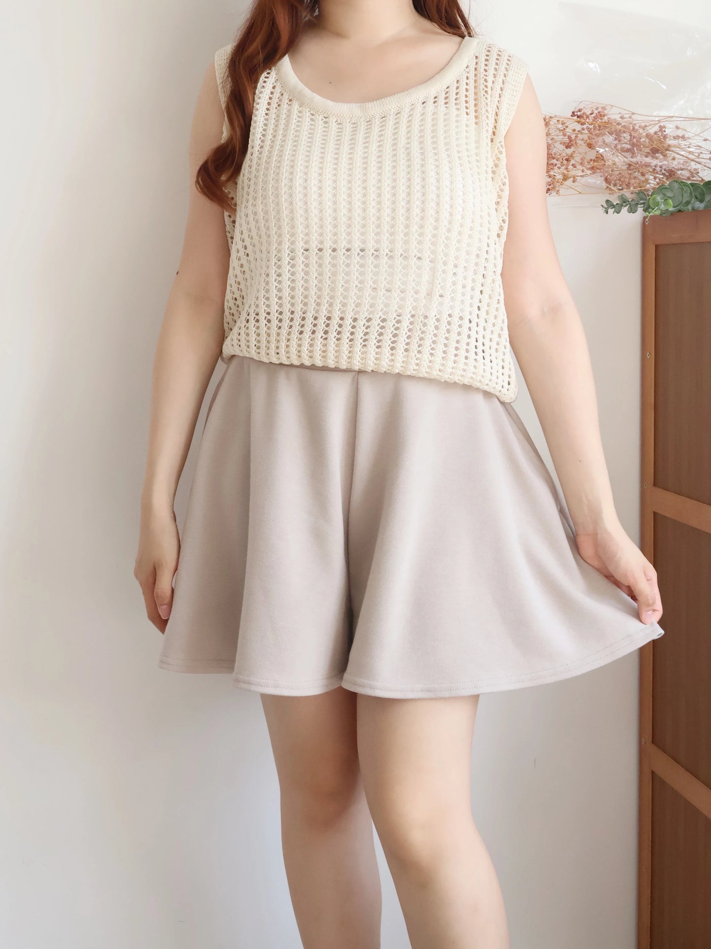 [Hidden Waistband] 365 Comfy A-Line Wide-Leg Cotton Shorts with Pockets(Beige)