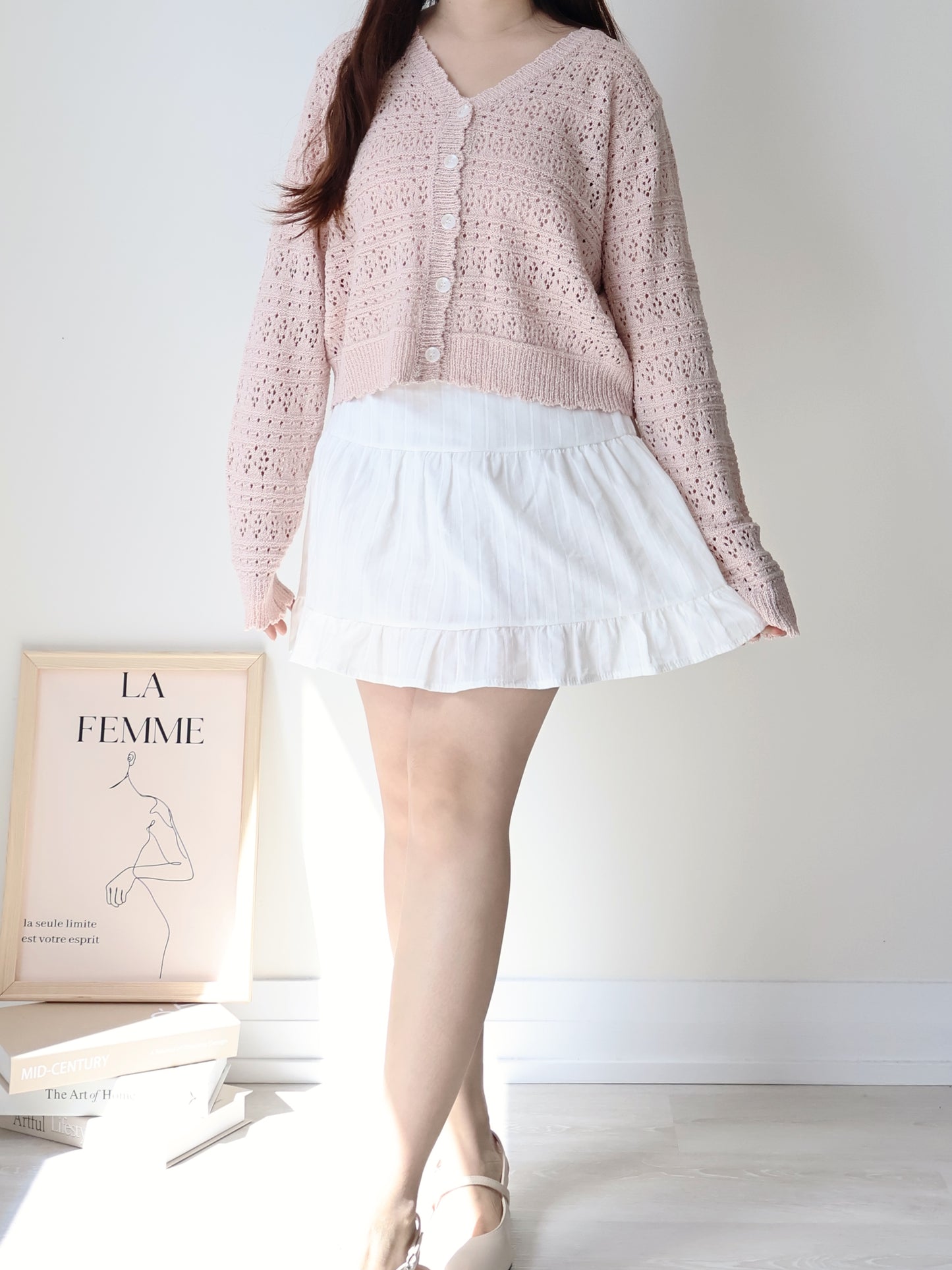 Romance V-Neck Eyelet Knit Cardigan(Peach)