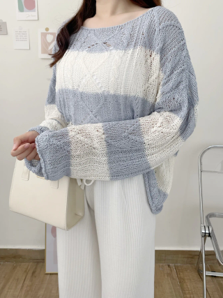 Soft Cable-Knit Colour-Block Top(Skyblue)