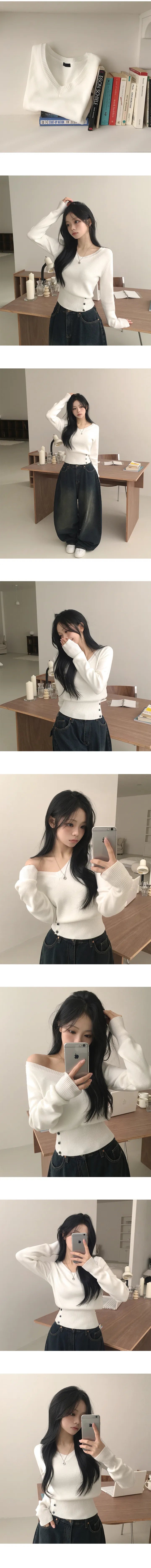 V-Neck Buttons Cinched-Waist Knit Top(5 colors)